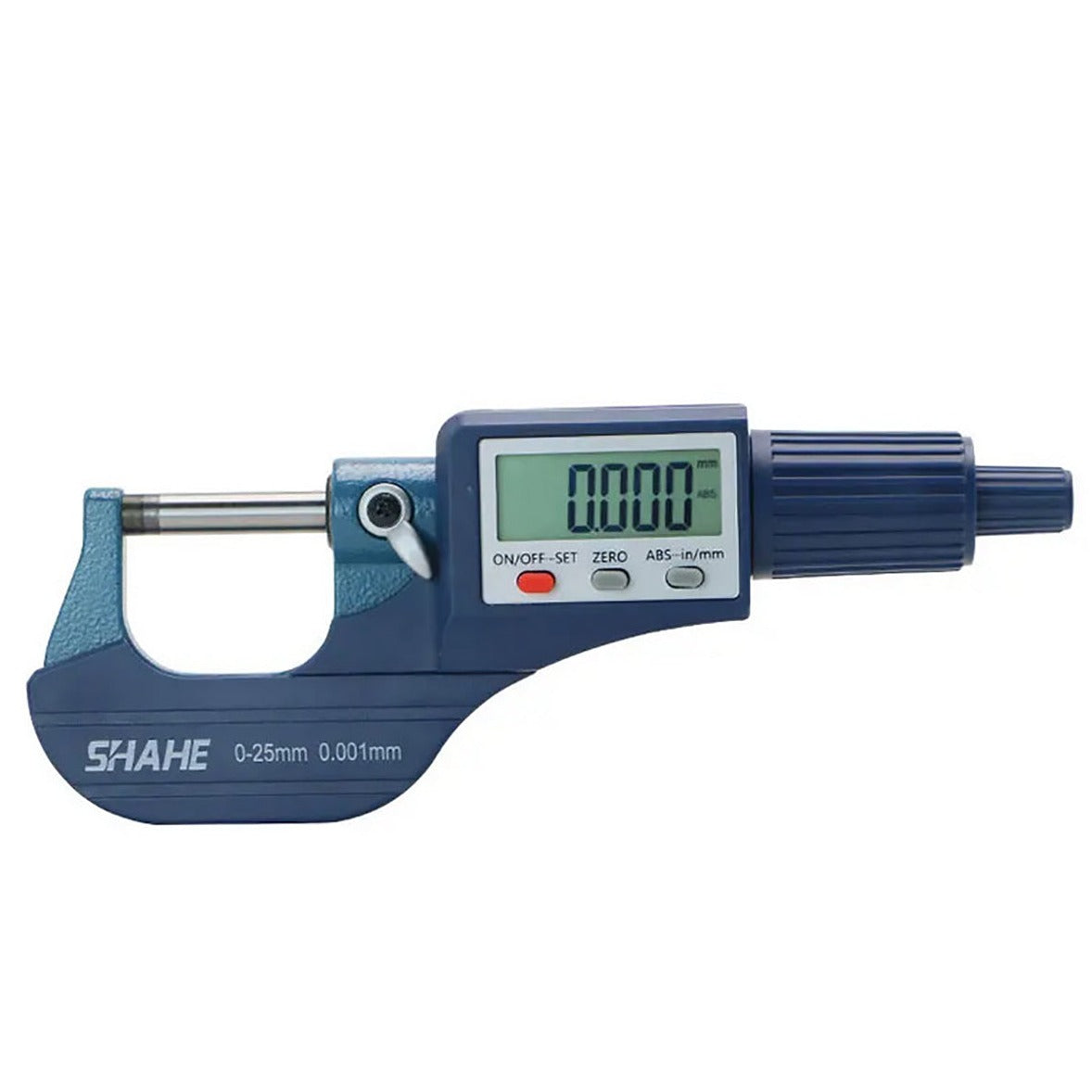 SHAHE 0-25mm Digital Micrometer with its LCD screen displaying a measurement