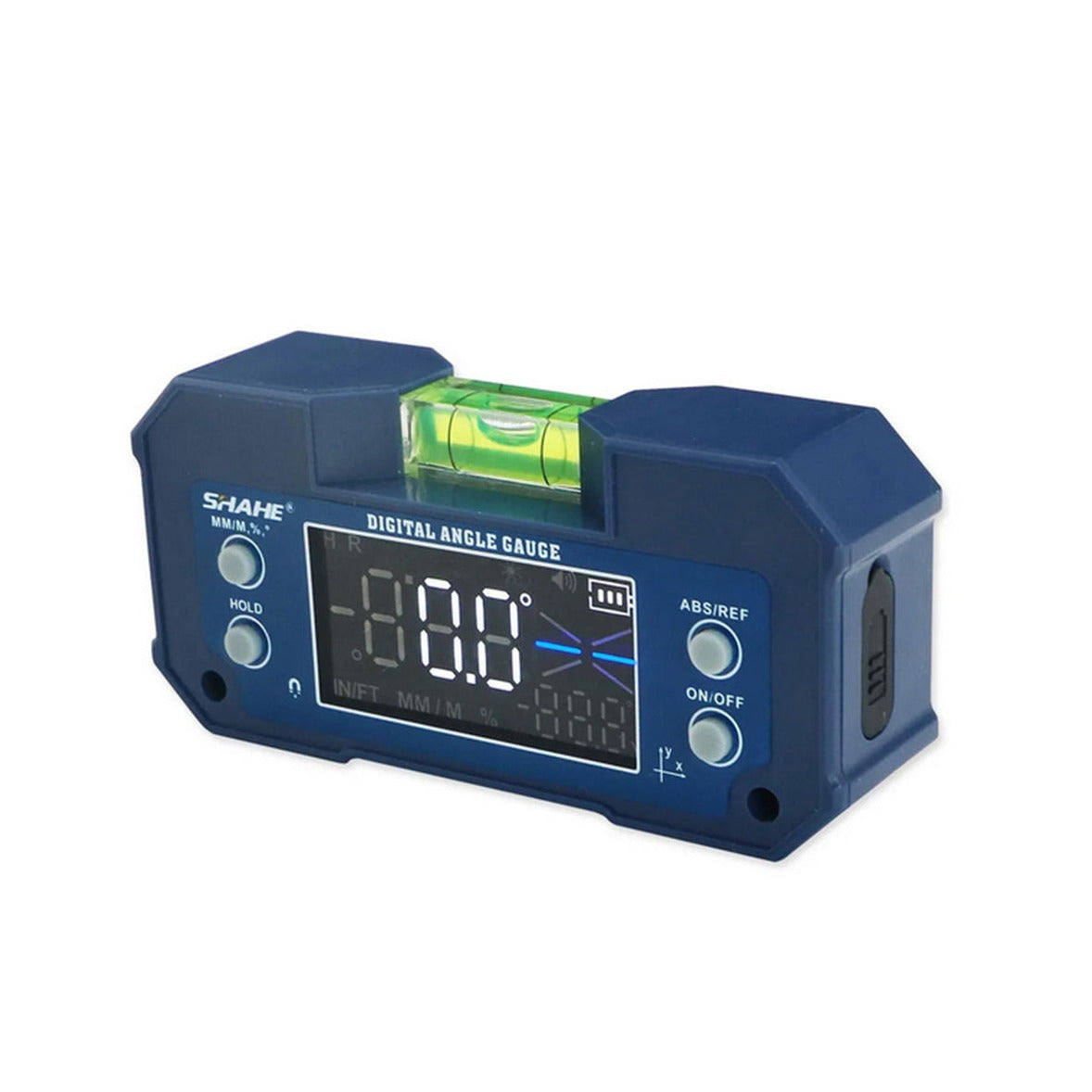 Front view of the SHAHE 5346 digital angle gauge, showing the backlit LCD screen with a 0.00-degree measurement.