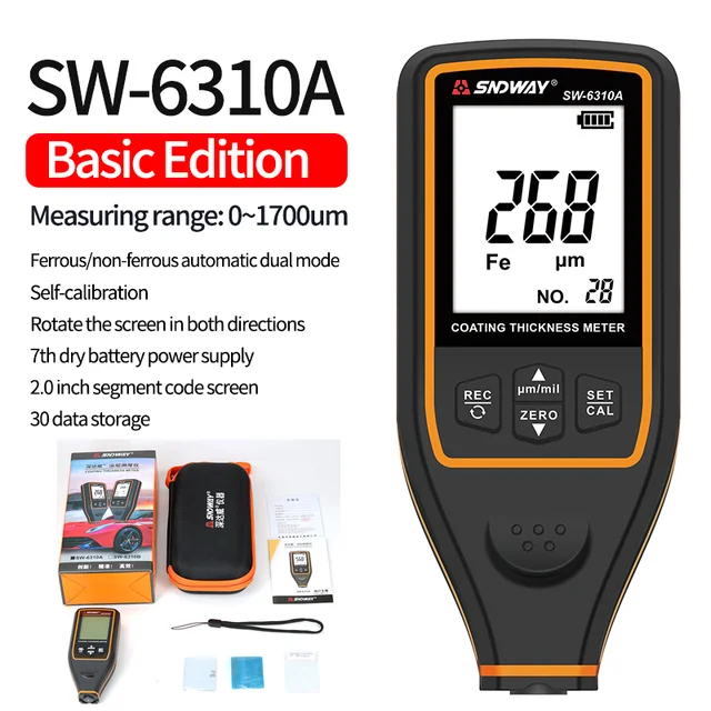 The complete package of the SNDWAY SW6310A paint thickness meter, including the gauge, toolbox, calibration films, and substrates