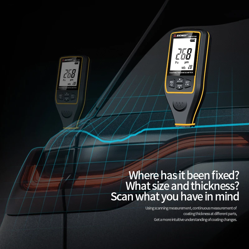 The image shows a SNDWAY coating thickness gauge with a digital display, placed on the edge of a car's door. The gauge has a black and yellow color scheme, and the display shows a graph with a blue line indicating the thickness measurement.