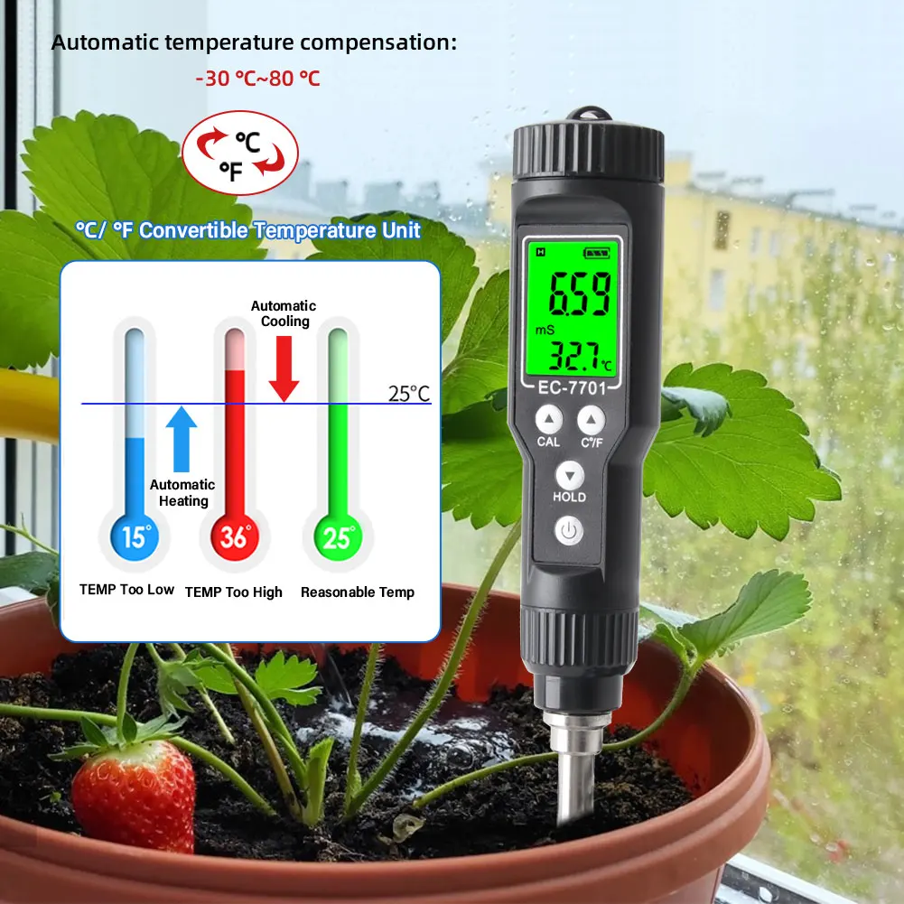 Yieryi High Accuracy Soil Tester 0.00-10.00mS/cm EC Meter with ATC Conductivity Nutrient Analyzer for Flower Gardening Farming