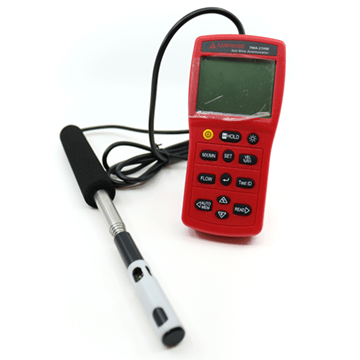 A close-up image of the AMPROBE TMA-21HW anemometer's control panel, highlighting the intuitive layout of its function buttons.