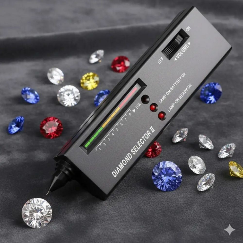 Diamond Selector II gem tester with diamonds and gemstones in the background