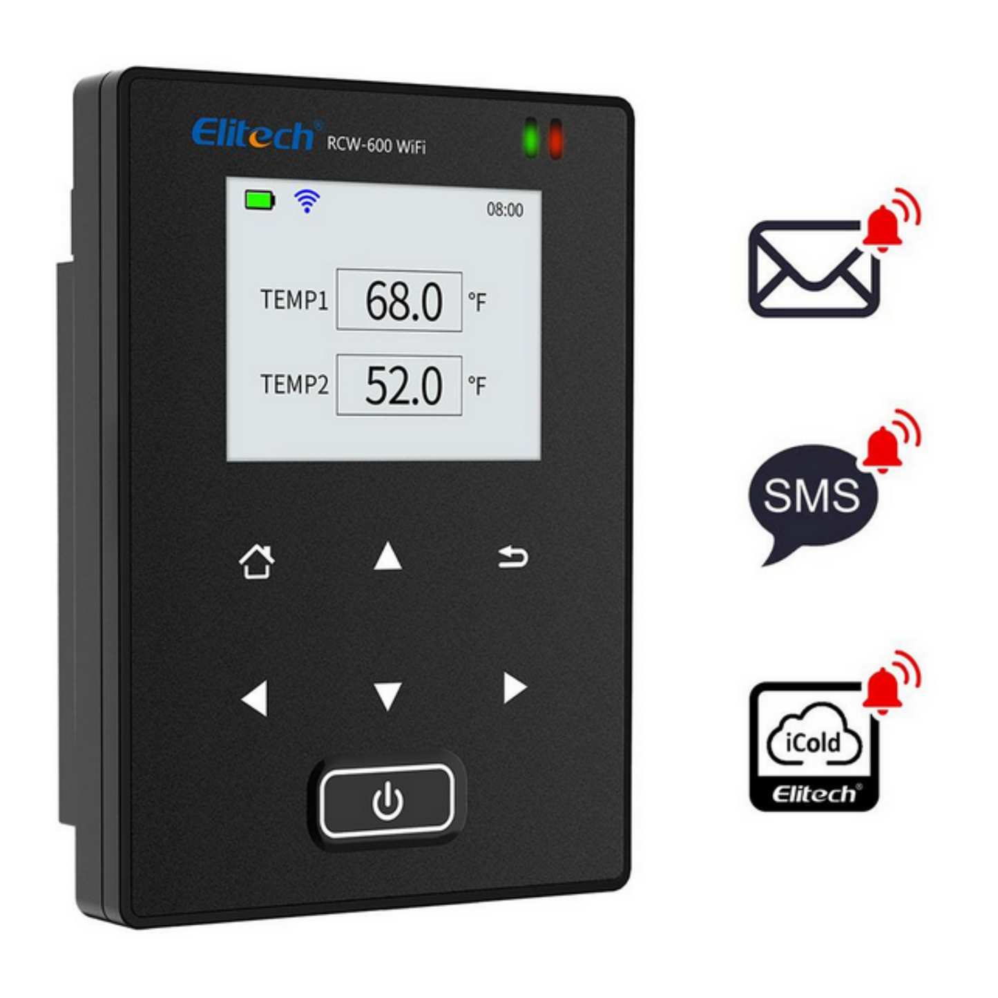 Black temperature control device with digital display and Alarm icons on a white background