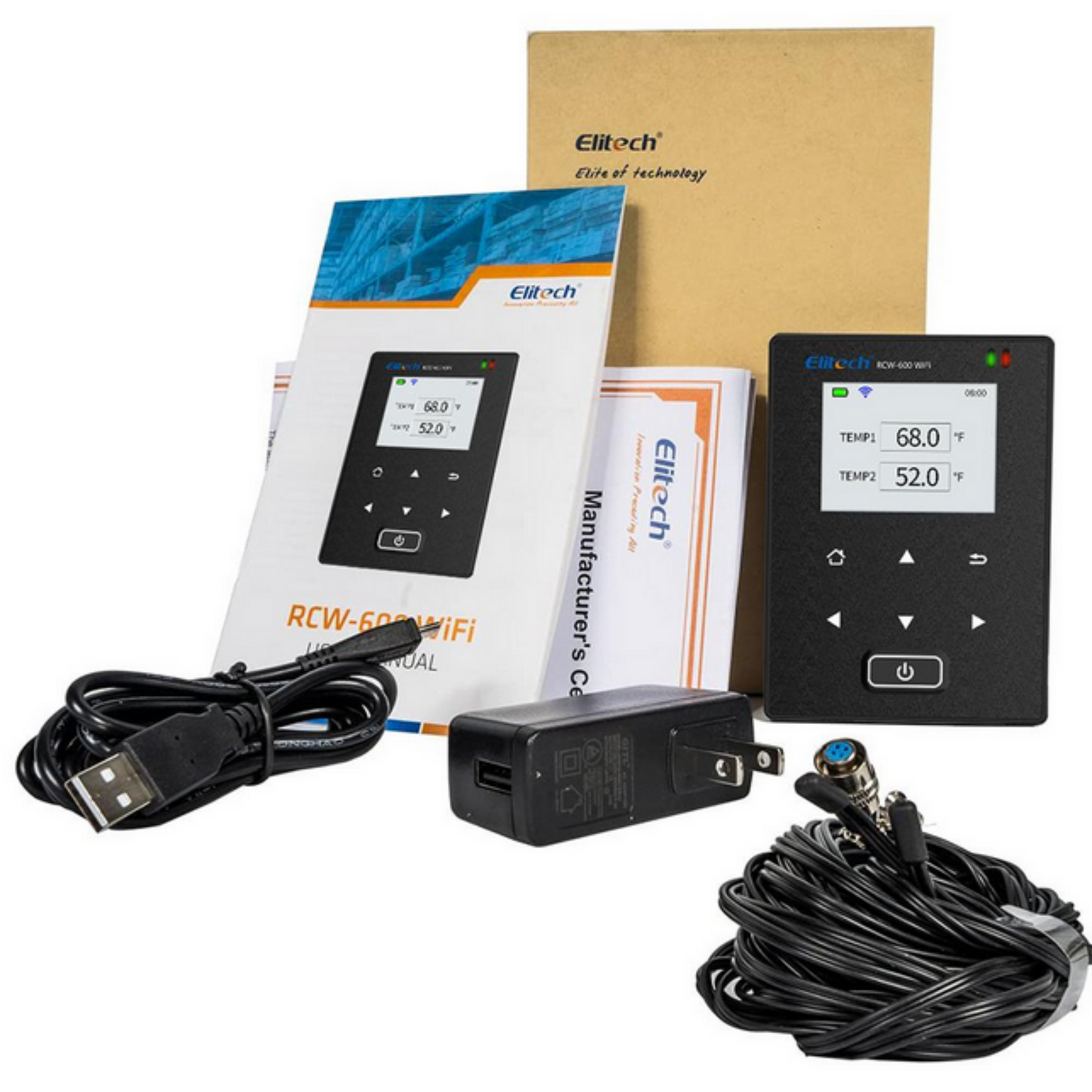 Elitech RCW-600 temperature data logger system with packaging and accessories on a white background
