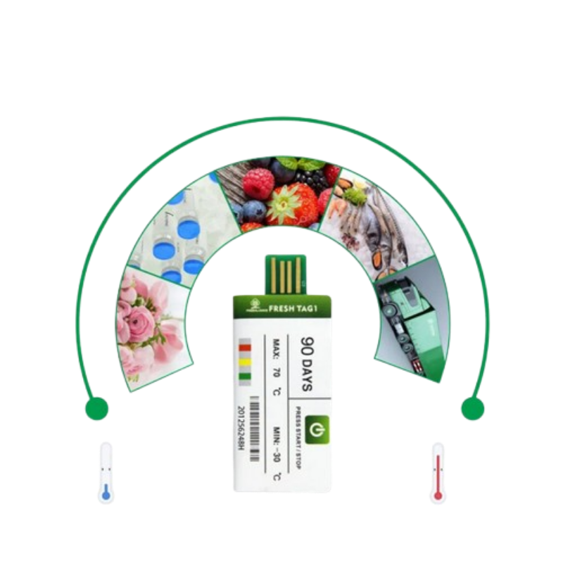 Temperature sensor packaging with images of food, flowers, and a thermometer on a white background