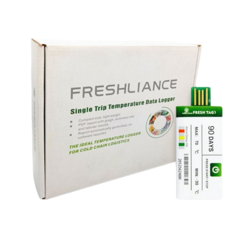 Freshliance single trip temperature data logger with packaging on a white background