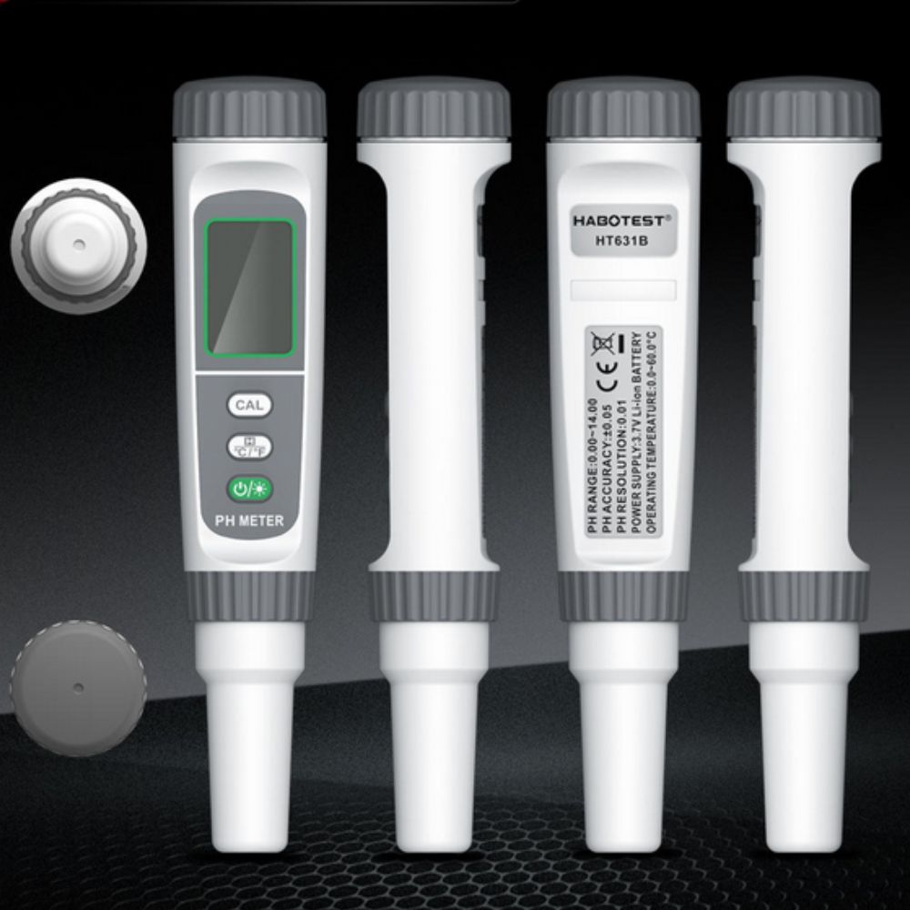 HABOTEST HT631A portable pH tester viewed from multiple angles showing compact ABS body, probe tip, and pen-clip design