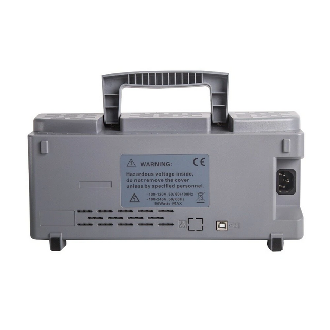 Rear panel of the Hantek DSO2D15, showing the USB host/device ports and its silent, fanless chassis design