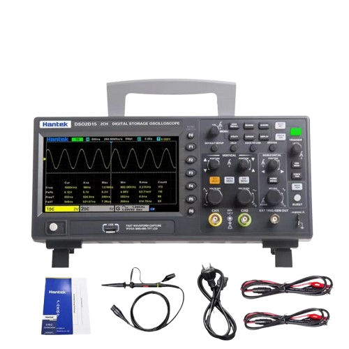 The full accessory kit for the Hantek DSO2D15, including probes, BNC to alligator clip cables, and USB cord