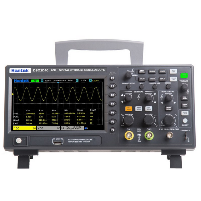 Front view of the professional Hantek DSO2D15 150MHz 2-channel digital oscilloscope on a white background