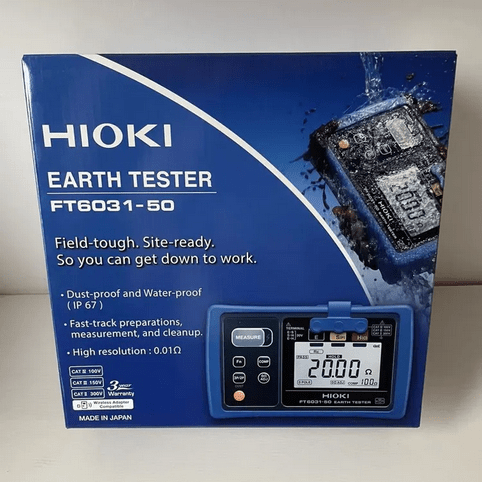 The official retail box for the HIOKI FT6031-50 digital ground resistance tester.