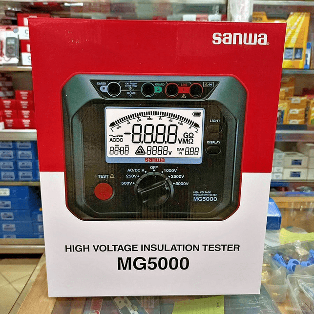 Official retail box of Sanwa MG5000 insulation tester displayed in a tool store outlet background.