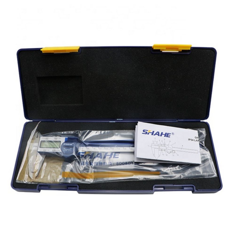 SHAHE 5110-200 200mm digital vernier caliper kit neatly arranged in carrying case