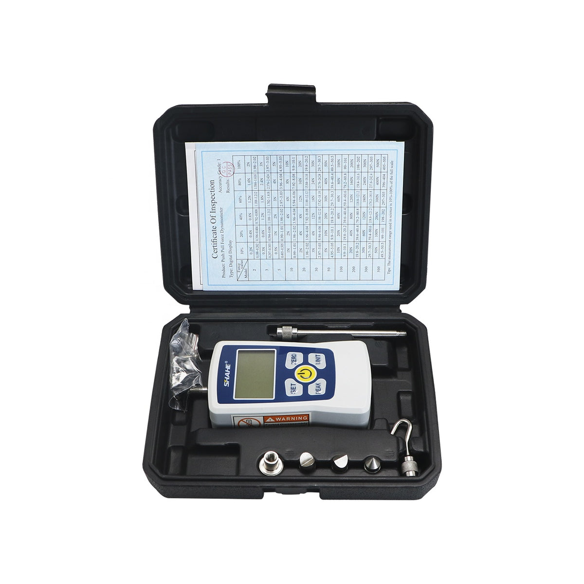 SHAHE AMF-500 500N digital force gauge and accessories arranged inside carrying hard case