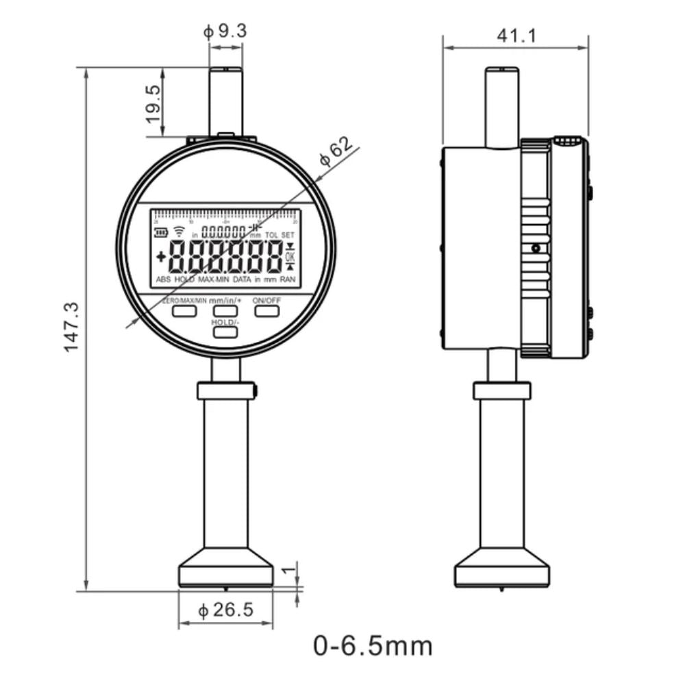 SHAHE GS5337 digital surface profile gauge 0-6.5mm product diagram showing parts and dimensions