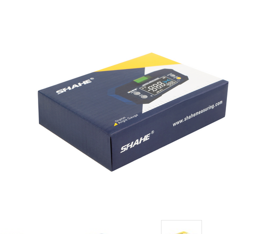 The official retail packaging for the SHAHE 5346 digital inclinometer, showing the product branding and key features.