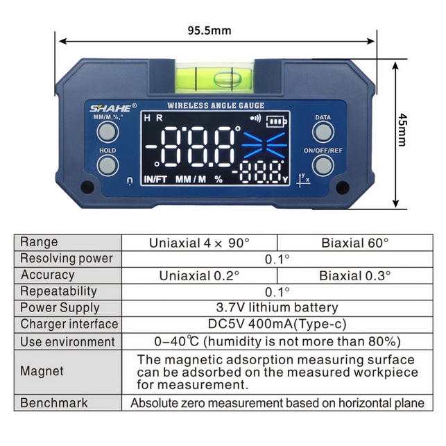 Diagram of the SHAHE 5346 digital inclinometer's front, highlighting its control buttons and display functions.