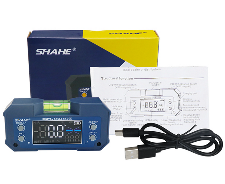 Complete package contents for the SHAHE 5346 digital inclinometer, including the angle gauge, USB charging cable, user manual, and retail box.