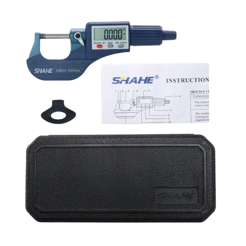 Full package contents: SHAHE micrometer, battery, and storage case