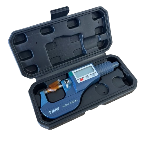 The SHAHE 0-25mm micrometer shown inside its protective storage case