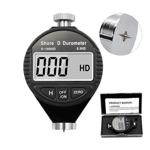 Front view of the pocket-sized Digital Shore D Hardness Meter with its tip and carrying case