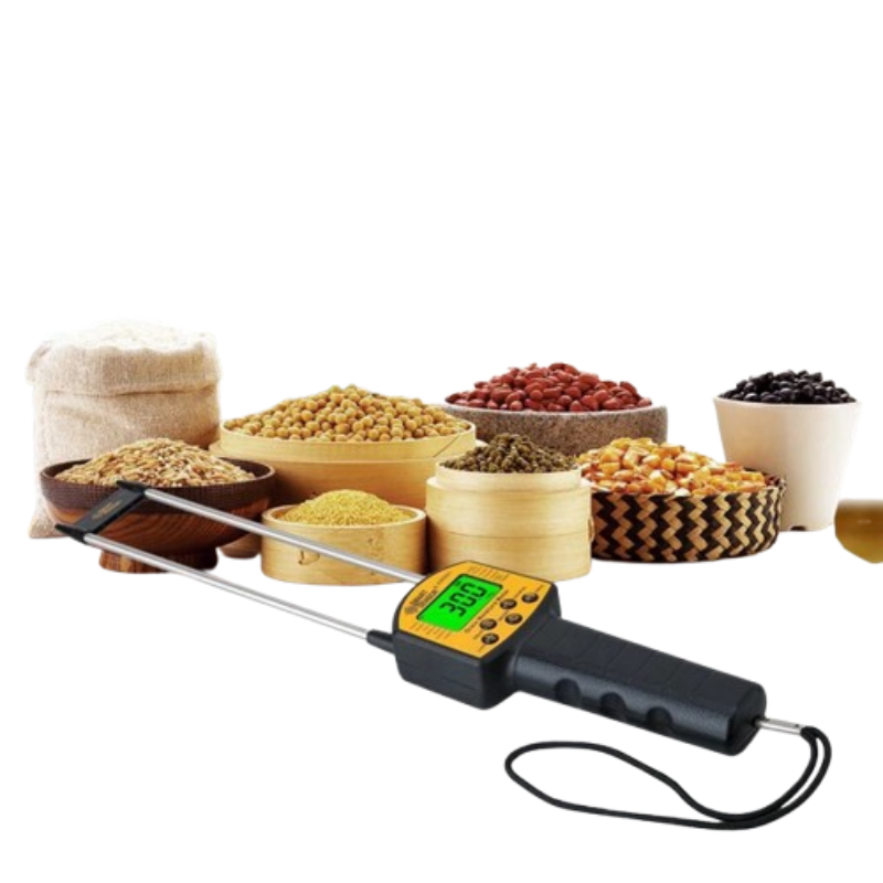 Digital moisture meter with various bowls of grains like paddy, rice, corn on a white background