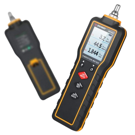 A close-up of the SNDWAY SW-65A's screen displaying acceleration, velocity, and displacement readings