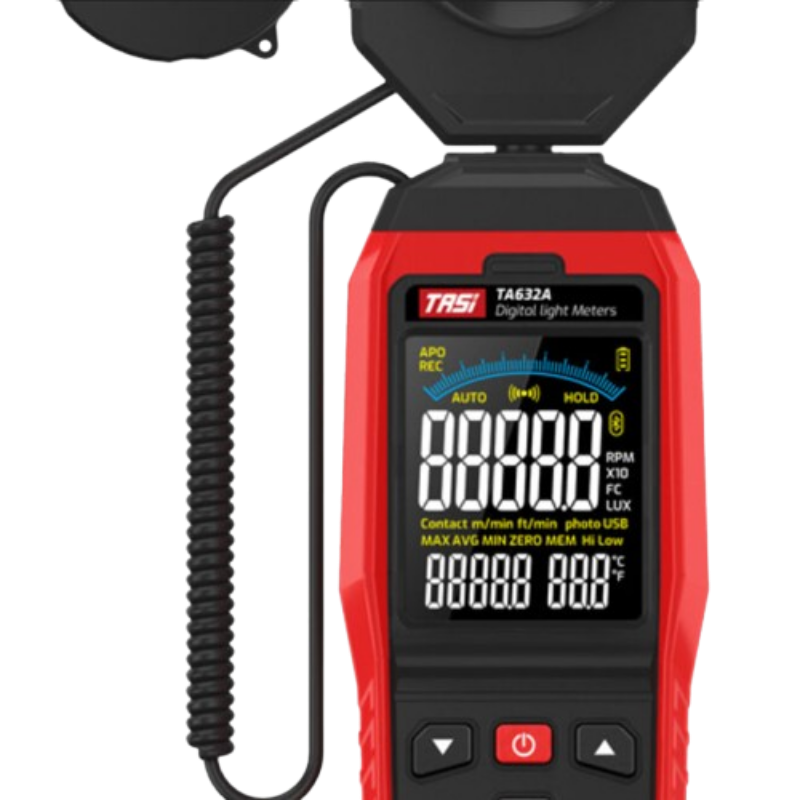 Digital light meter with red casing and black display on a white background