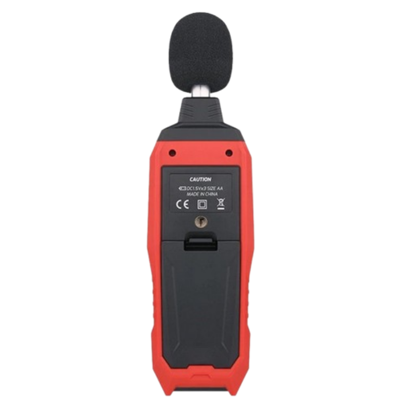 Red and black back side of a sound level meter on a white background