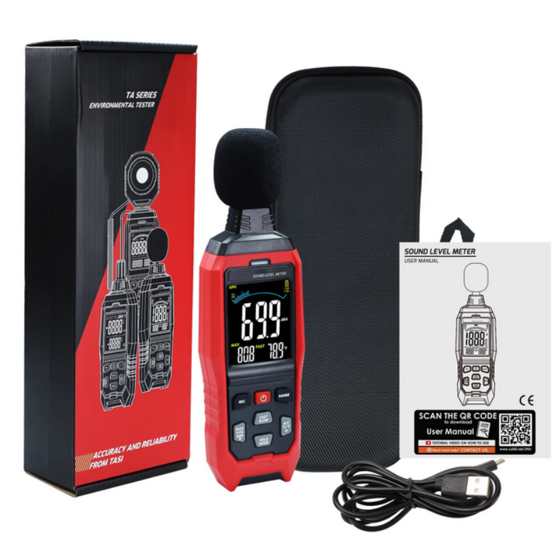Sound level meter with packaging, case, and user manual on a white background