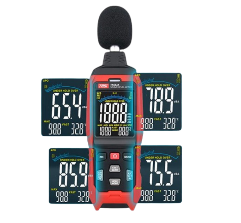 Digital sound level meter with multiple display screens on a white background