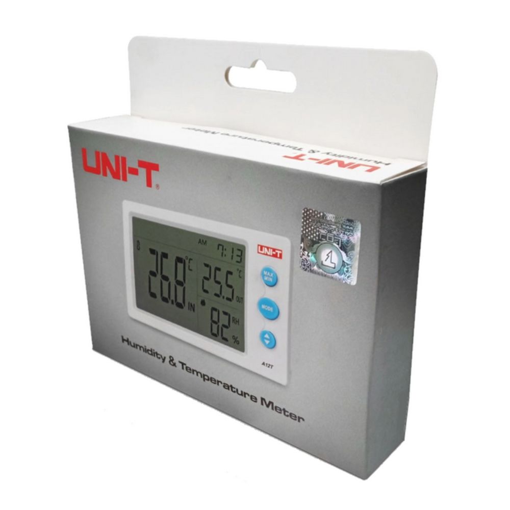 UNI-T A12T temperature and humidity meter retail packaging box, branded digital indoor outdoor thermo hygrometer for Sri Lanka market, ideal for homes, offices, warehouses and shops.