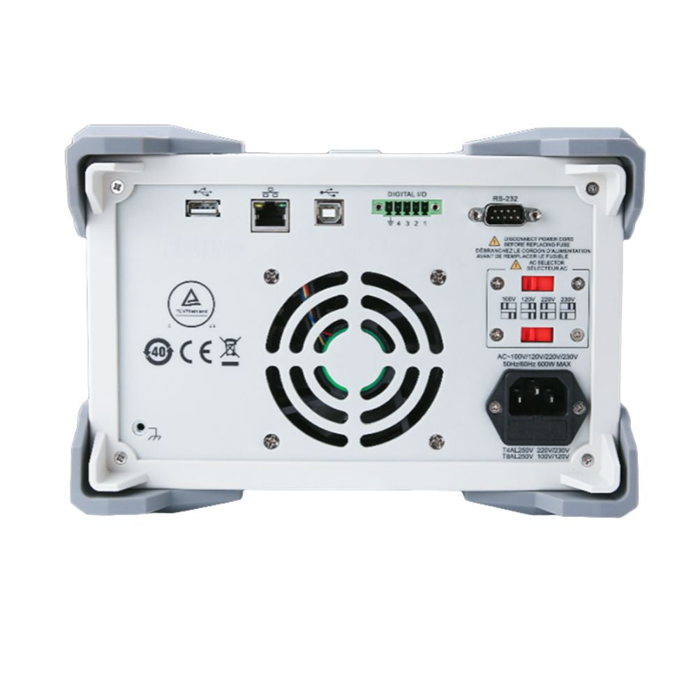 UNI-T UDP3305S 30V 4-channel linear DC power supply rear view – USB LAN connectors, binding posts, cooling vents for professional laboratory power station.