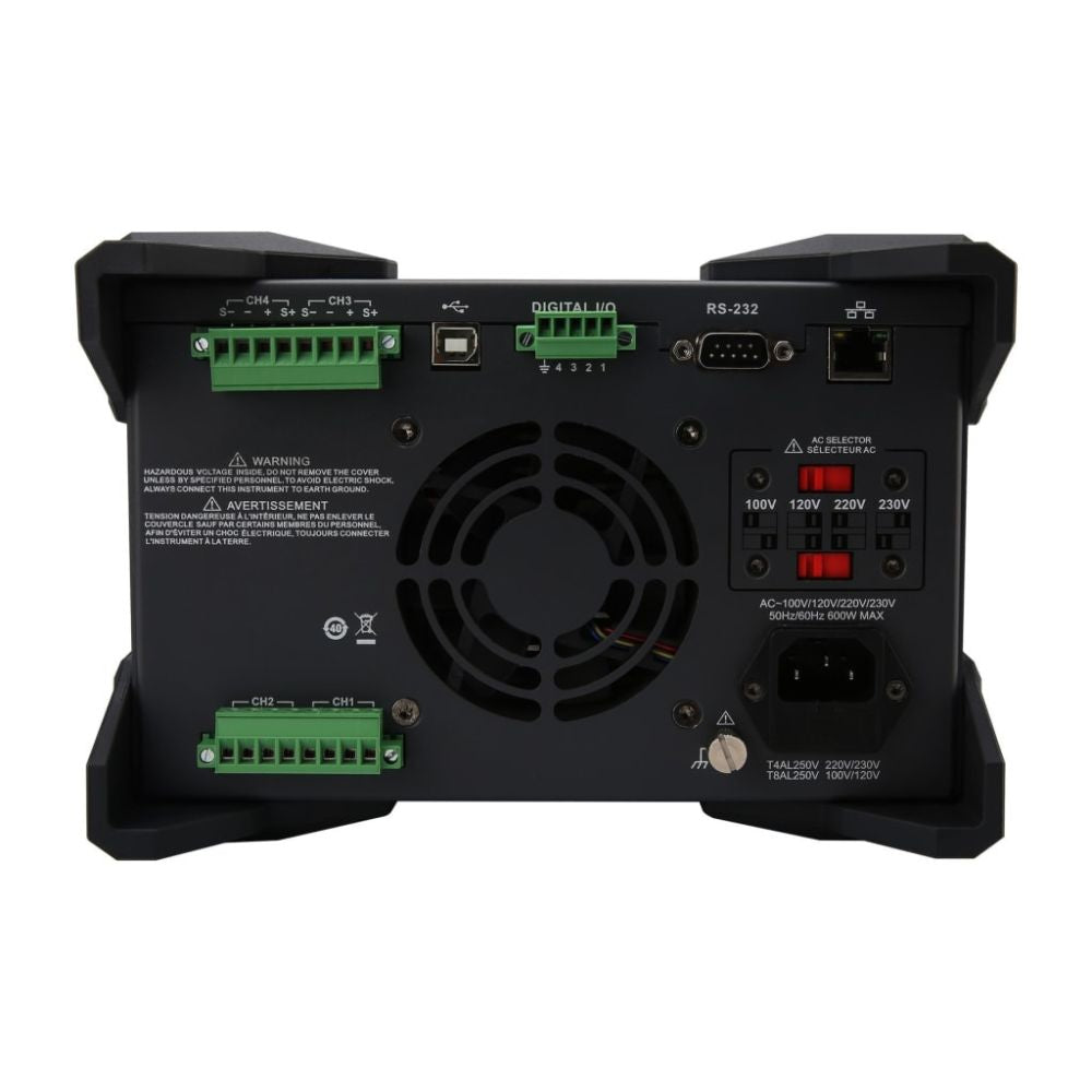 UNI-T UDP4303S 4-channel linear DC power supply rear panel view – USB LAN connectors, power input, cooling vents for professional electronics workstation.