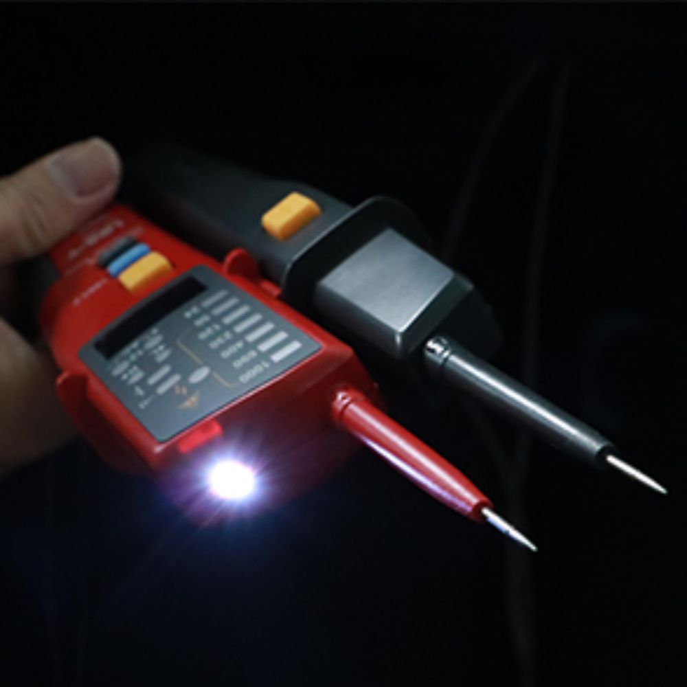 The built-in LED torch light illuminated on the UNI-T UT18E electrical continuity tester, designed for safe circuit troubleshooting in dark or cramped distribution boards.