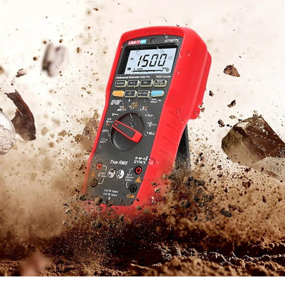 UNI-T UT197PV Solar Pro Multimeter IP67 rugged design demonstration showing complete dustproof protection - 5m drop tested, -40°C to 55°C operation industrial multimeter Sri Lanka.