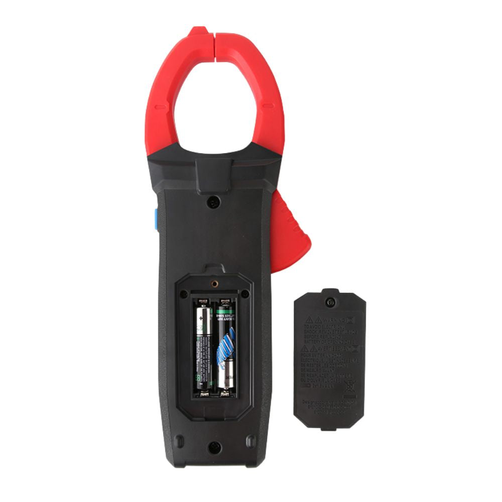 UNI-T UT206A+ digital clamp meter backside view with battery cover removed – easy battery replacement AAA batteries, CAT IV 600V safety rating professional electrician tool Sri Lanka.