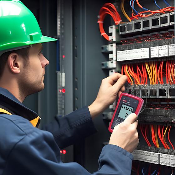 UNI-T UT261A Phase Rotation Tester connected to a large electrical supply panel, display details