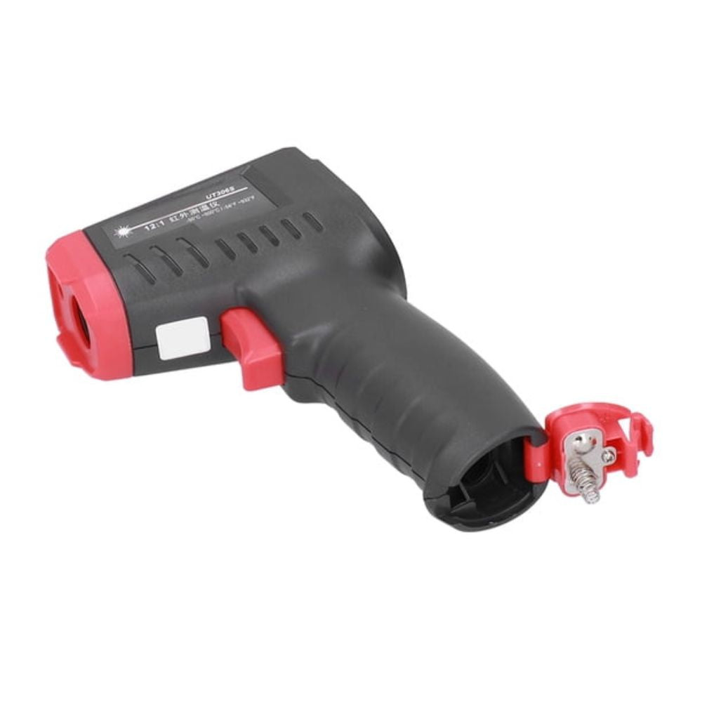UNI-T UT306S infrared thermometer with battery cover removed showing 1.5V AAA battery compartment