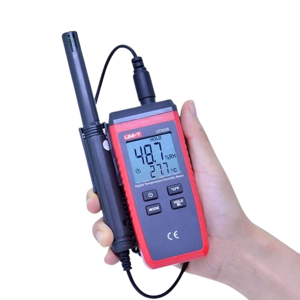 UNI-T UT333S split-type humidity and temperature meter ready for measurement with probe extended for duct or confined space access