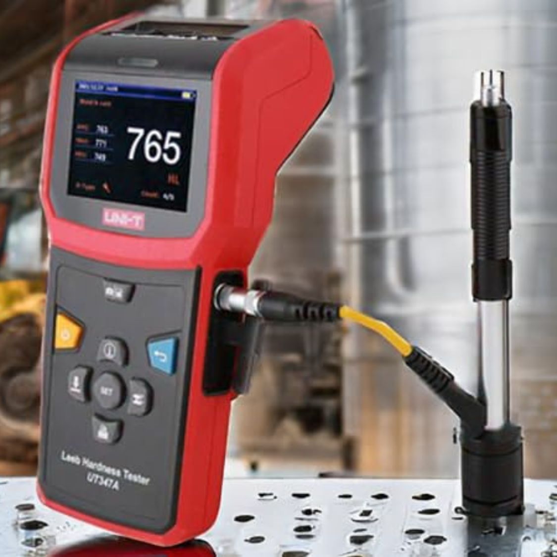 UNI-T UT347A Leeb Hardness Tester ready for measurement with D impact device positioned on steel workpiece - Non-destructive hardness testing with Bluetooth data logging Sri Lanka.