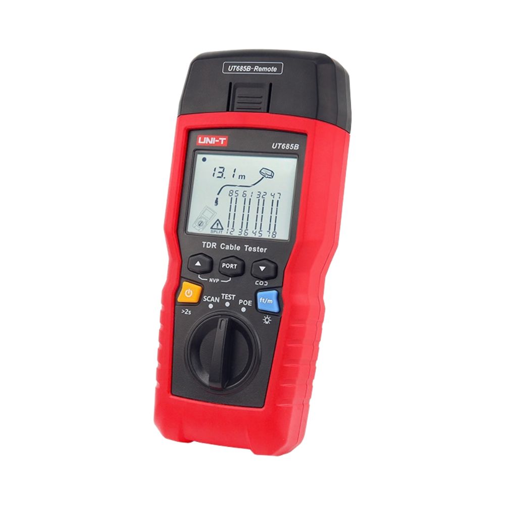 Close-up of UNI-T UT685B KIT TDR cable tester with 2.8-inch LCD display showing cable test results