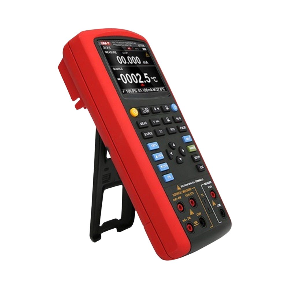 Side view of UNI-T UT725 multifunction process calibrator showing adjustable back stand and battery compartment for hands-free field loop calibration and process testing.