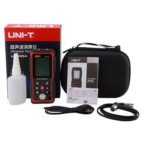 Complete NDT thickness testing kit: the UNI-T UT345A ultrasonic thickness gauge, probe, cable, and protective case displayed next to the official retail box.