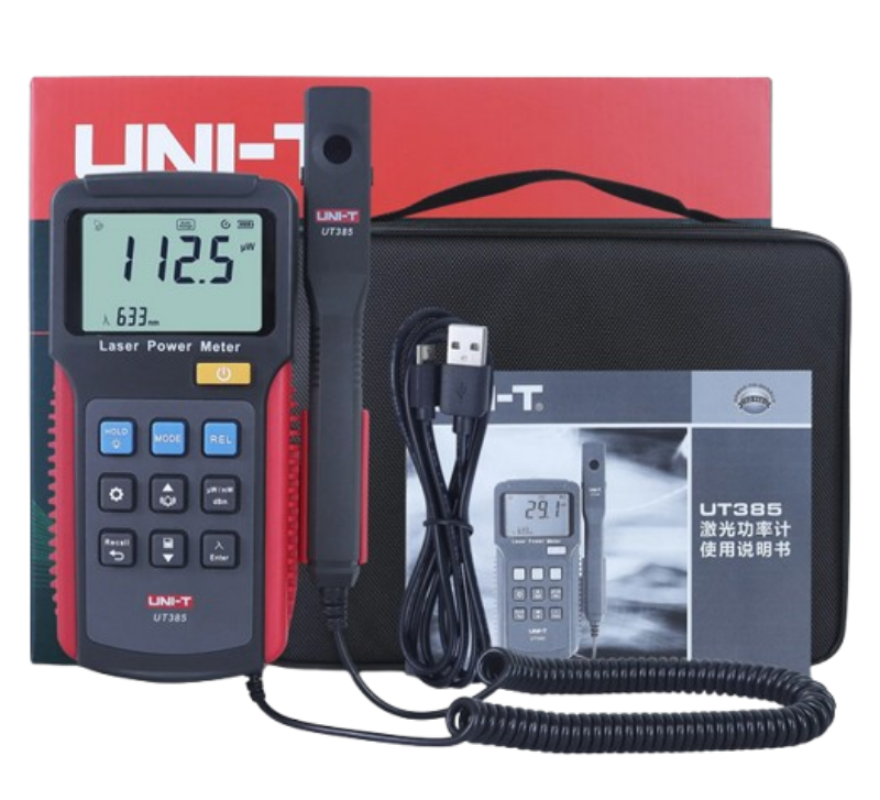 Laser power meter with accessories on a white background