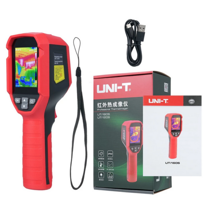 uni-t uti160s thermal imaging device with packaging and USB cable on a white background