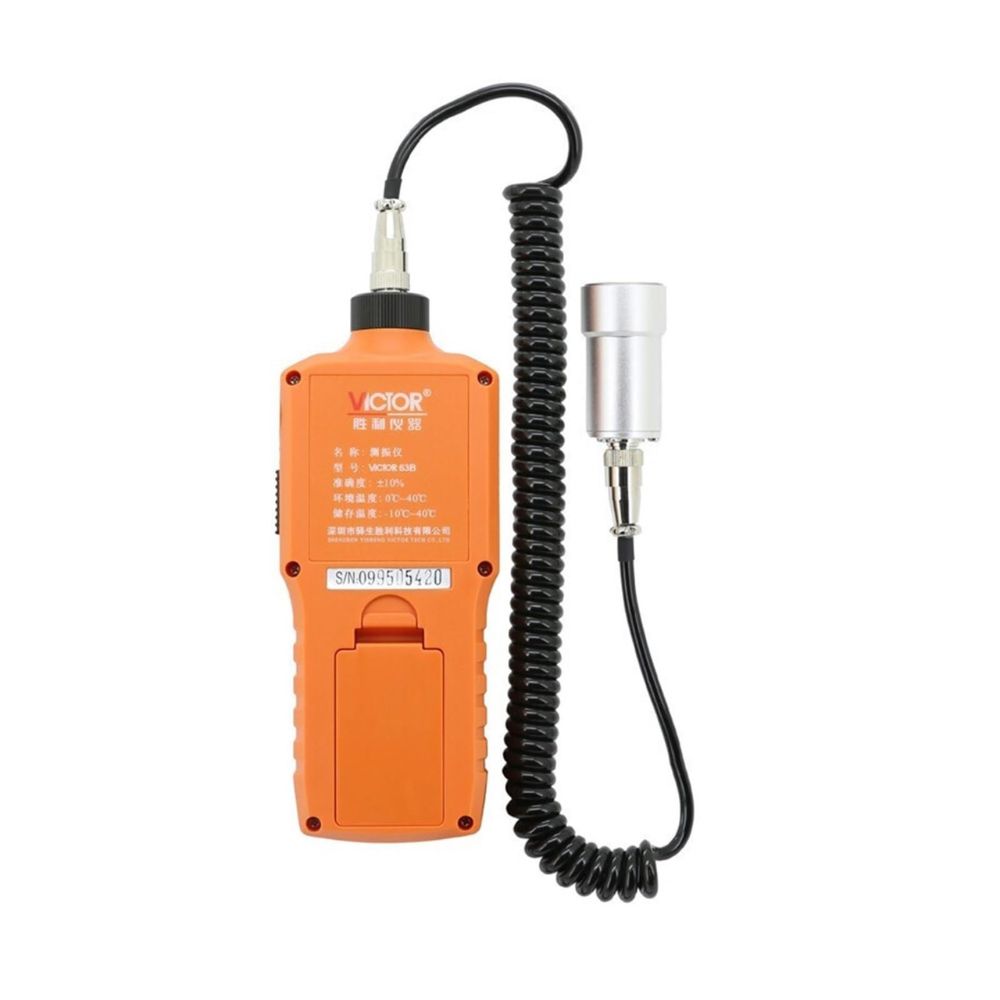 Back view of the portable VICTOR VC63B digital vibrometer, showing the durable industrial casing and secure battery compartment for field operation.