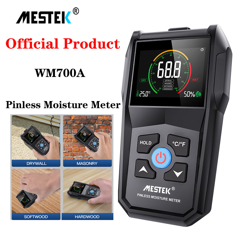 Mestek Moisture Meter Pinless Moisture Sensor Inductive Non-contact Moisture Detector LCD Color Screen Digital Moisture Analyzer