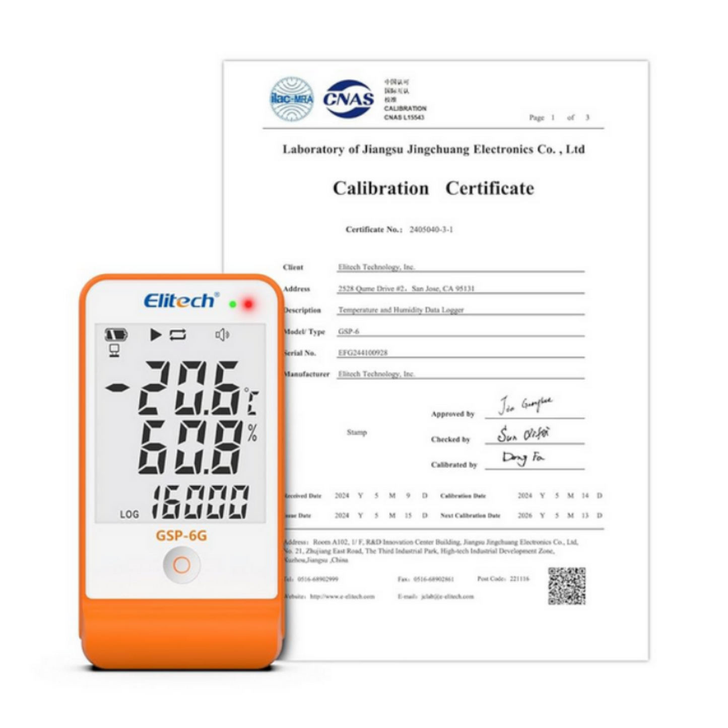 Elitech GSP-6 Temperature Humidity Data Logger with Calibration Certificate in the Background